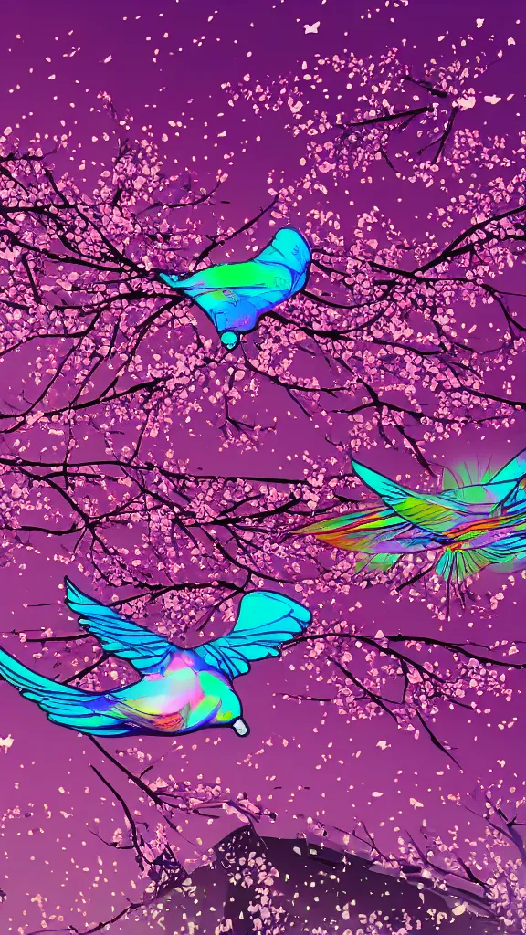 Prompt: holograph, pigeon flying among cherry blossoms, glitchpunk, neon