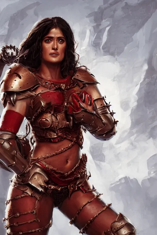 Prompt: portrait, Salma Hayek , barbarian , dressed in red leather armor, face portrait, raphael lacoste, eddie mendoza, alex ross, concept art, matte painting, highly detailed, rule of thirds, dynamic lighting, cinematic, detailed, denoised, centred