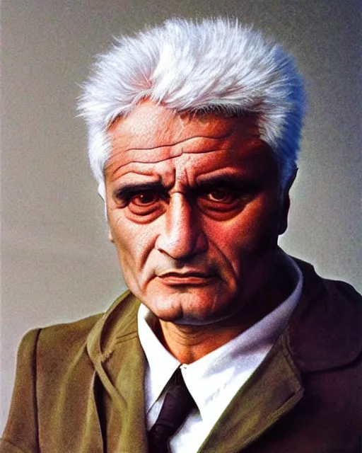 Image similar to jacques derrida. 1 9 8 0 s dystopian soviet russia, propaganda screens. unreal engine, fantasy art by jesper ejsing. faithfully depicted facial expression, perfect anatomy global illumination, radiant light, detailed and intricate environment