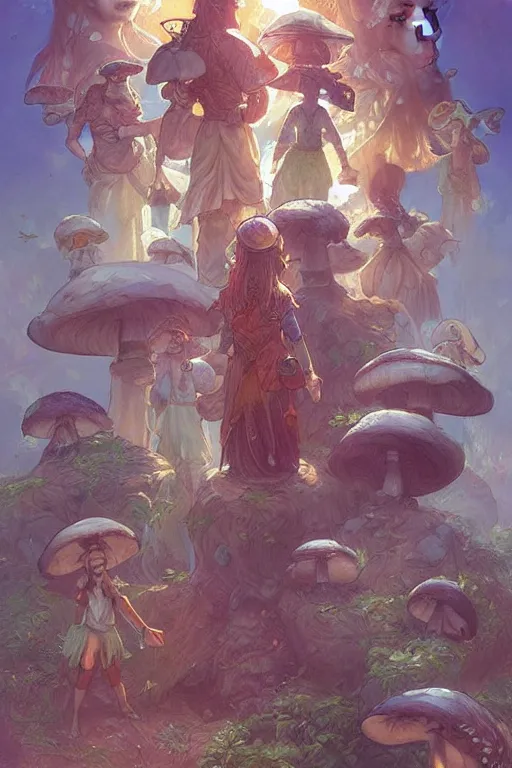 Prompt: mushroom family, manga cover style, D&D, fantasy, highly detailed, digital painting, artstation, concept art, sharp focus, illustration, art by artgerm and greg rutkowski and alphonse mucha