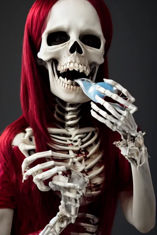 Image similar to beautiful lady skeleton drinking from a blood filled goblet, cosplay, studio lighting