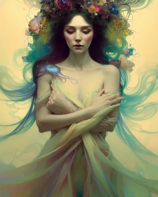 Image similar to ultrarealistic Portrait of ethereal deity wearing beautiful gown, calm, 4k digital masterpiece by Anna Dittman and Alberto Seveso Ruan Jia, rossdraws and alphonse mucha and loish and WLOP, fantasycore, Hyperdetailed, realistic digital painting, atmospheric, soft lighting, featured on Artstation