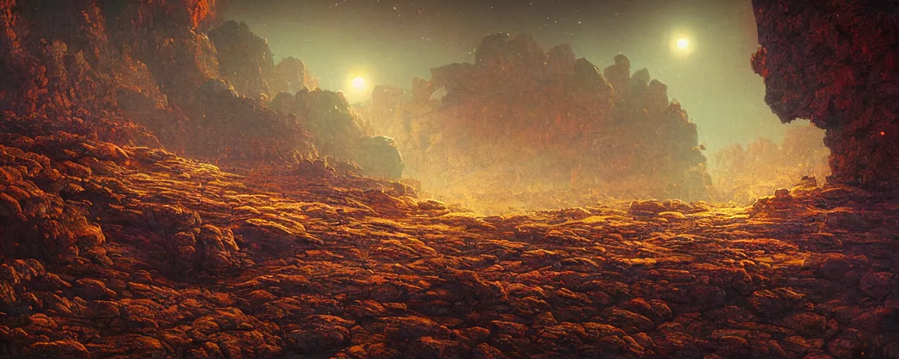 Image similar to ” barren rocky landscape at night, [ cinematic, detailed, epic, widescreen, opening, establishing, mattepainting, photorealistic, realistic textures, octane render, art by paul lehr ] ”