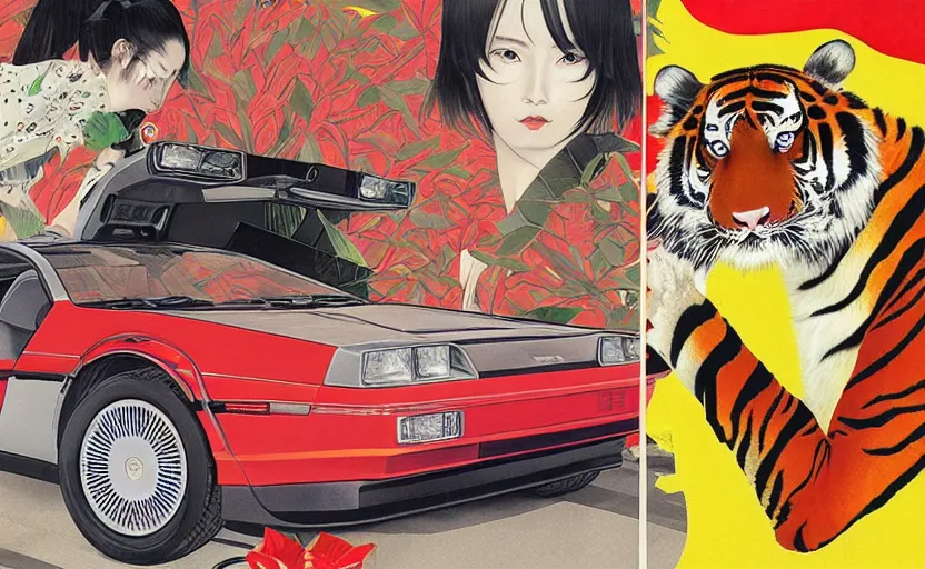 Image similar to a red delorean and yellow tiger, art by hsiao - ron cheng and utagawa kunisada, magazine collage, # de 9 5 f 0