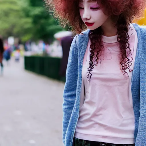 Prompt: a cute young woman with messy curly pastel hair, harajuku fashion, In the style of lya kushinov, Avetetsuya Studios