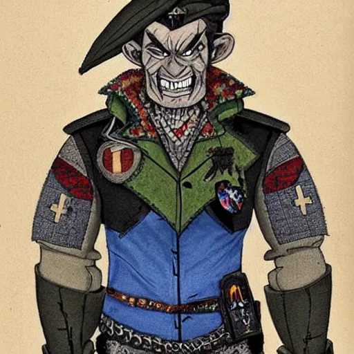 Prompt: a middle aged half - orc with thin fangs and blue grey intelligent eyes, a bemused smile. he wears a patchwork military uniform jacket with cut sleeves and many charms and baubles worked into the fabric, with an upturned collar. he has sleeve tattoos. 1 9 th century style