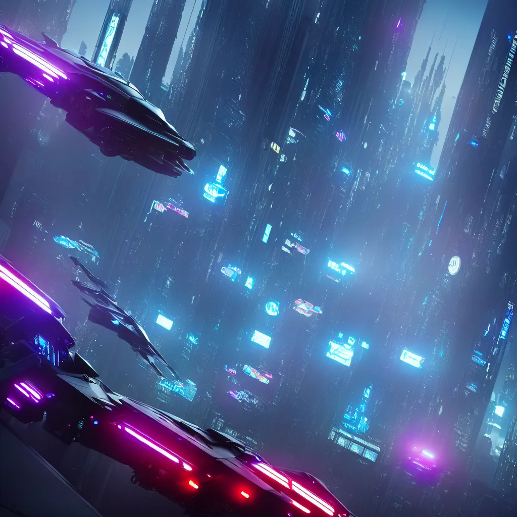 Image similar to Magnificent futuristic vehicle flying through a cyberpunk city high octane render, hyper realistic, extreme details, cinematic, trending on artstation | Aesthetics of bladerunner