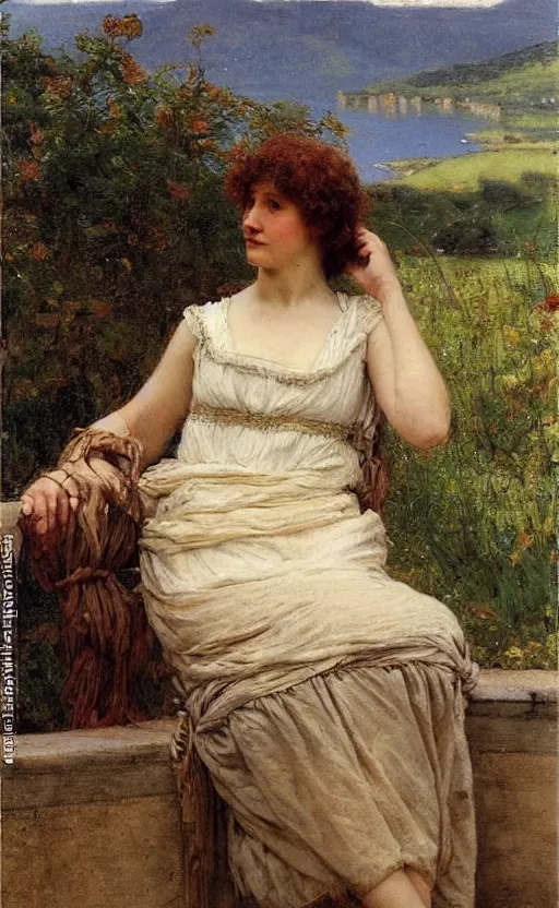 Image similar to oil portrait!!! by alma tadema of a woman looking at us, head slightly turned on the right, lake como!! in the background, short brown hair