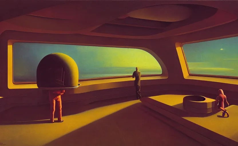 Image similar to Inside futuristic spaceship, Edward Hopper and James Gilleard, Zdzislaw Beksinski, Mark Ryden, Wolfgang Lettl highly detailed, hints of Yayoi Kasuma