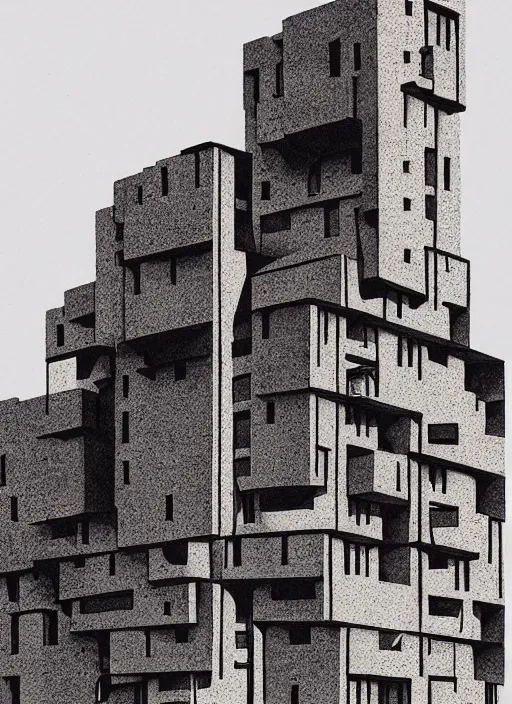 Prompt: habitat 67 city on fire, Mads Berg, Karolis Strautniekas, James Yang, film noir, stippled light, dramatic lighting,editorial illustration, detailed, matte print, a lone man