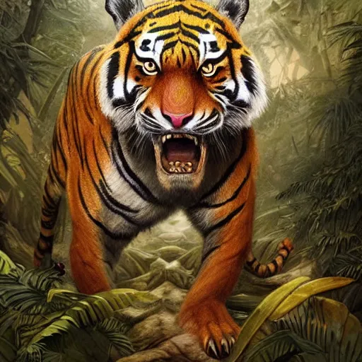 Prompt: a very high detailed tiger crossed with a muscular human body, wearing a very detailed golden kings crown, tattoo on shoulder, in a highly detailed jungle, full body, symmetric, Golden crown, crown on head, digital art, concept art, greg rutkowski, Nikolai Karelin, Hou China, trending artstation