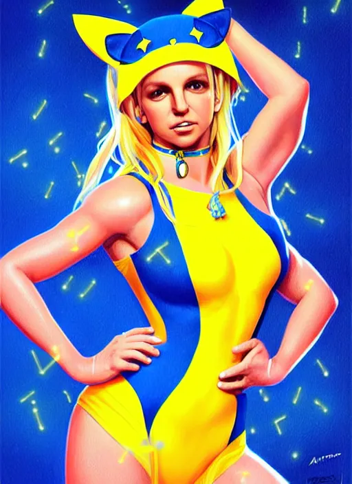 Image similar to britney spears in blue and yellow cat costume, cat ears, intricate, elegant, glowing lights, highly detailed, digital painting, artstation, glamor pose, concept art, smooth, sharp focus, illustration, art by artgerm and greg rutkowski, artey freytag