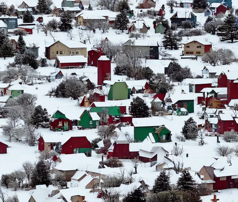 Image similar to A small rural town and neighborhood with small houses from the foreground into the horizon of the background on long roads and streets decorated with Christmas themed objects on their lawns, in the winter months of december, snow is everywhere, it is currently snowing and cloudy, very nostalgic, very melancholic, dramatic angle, rotoscoped, rotoscope, photoshop, photomanipulation, realism, painting, illustration and sketch, weird scribbles, hybrid styles, hybrid art styles, mismatched, trending on artstation, trending on deviantart, weird, quirky, interesting, very detailed, highly detailed, HD Quality, 4k resolution, 8k resolution, in the style of David Firth, in the style of James Lee, in the style of Drue Langlois,