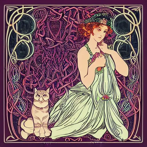 Image similar to lady with long curly hair with a cat beside her, with celtic spread tarot cards on a table in front of her, in a gypsy tent with Alphonse Mucha art nouveau poster style, with thin lines and pastel colors,