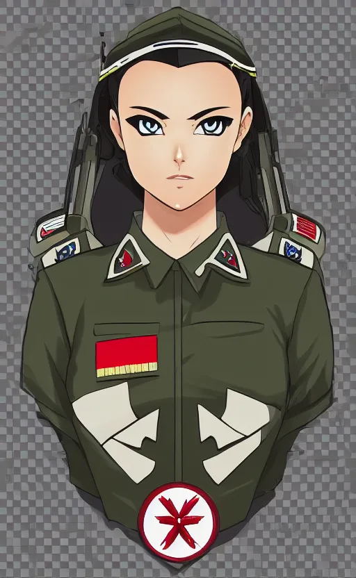 Prompt: shoulder patch design, soldier girl, anime style, clean logo design, military flight squadron insignia, no text, soldier clothing, realistic military gear, 70mm, inspired by famous brands, made in photoshop, no background, vector line art, by ilya kuvshinov, trending on artstation, intricate, realistic human anatomy, meme culture, highly detailed, high resolution, for printing, colored ink, realistic weapon, realistic military carrier