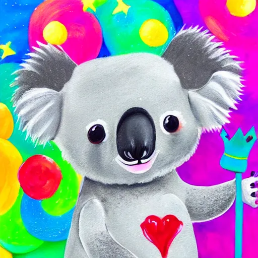 Prompt: detailed painting of smiling fluffy koala wearing a princess dress and crown with confetti background