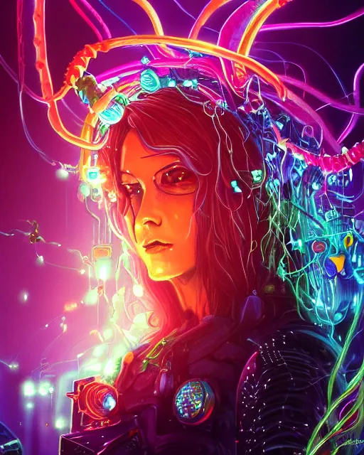 Prompt: a cyberpunk close up portrait of evil cyborg medusa, electricity, rainbow, snakes in hair, sparks, bokeh, soft focus, sparkling, glisten, water drops, cold, dark, geometric, temples behind her, by paul lehr, jesper ejsing