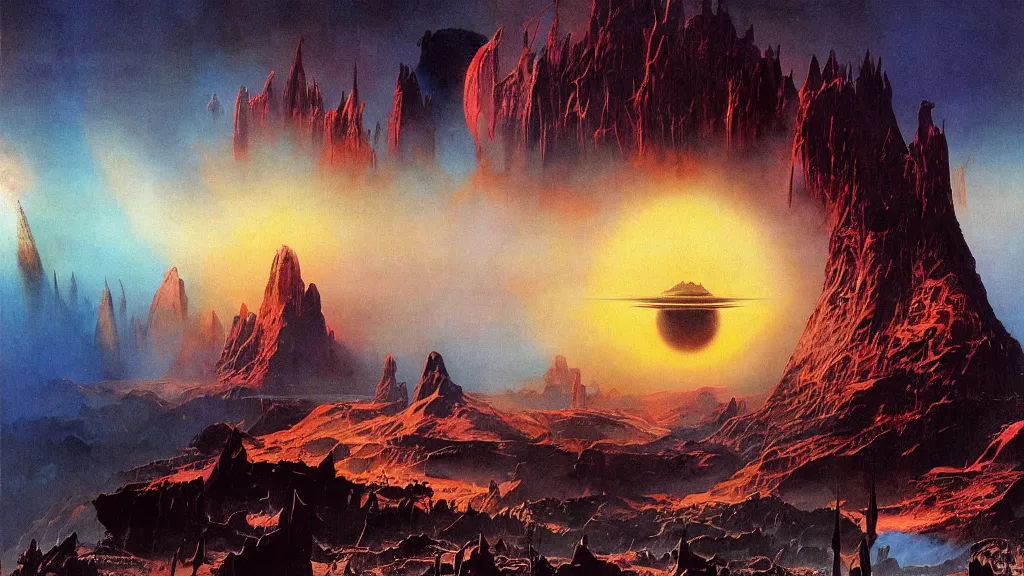 Image similar to journey to the center of the universe by frank frazetta and bruce pennington, cinematic matte painting