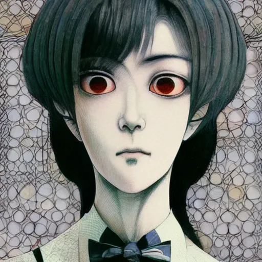 Image similar to yoshitaka amano blurred and dreamy realistic illustration of a woman with black eyes and white hair wearing dress suit with tie, junji ito abstract patterns in the background, satoshi kon anime, noisy film grain effect, highly detailed, renaissance oil painting, weird portrait angle, blurred lost edges, three quarter view