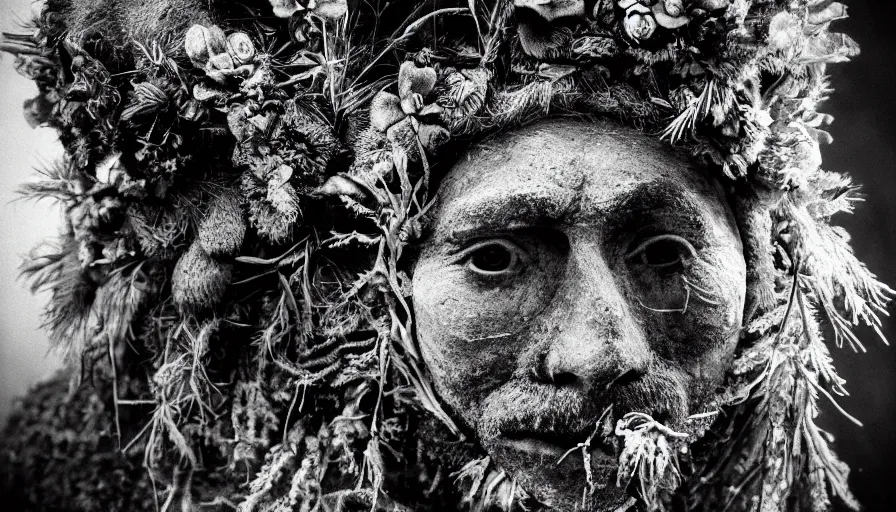 Image similar to portrait of a tyrolean folklore mask, dolomite, forest, wearing hay coat, with horns, eerie, flowers growing out of his body, detailed intricate insanely detailed octane render, 8k artistic 1920s photography, black and white, grainy, photorealistic, chiaroscuro, by David Cronenberg, Raphael, Caravaggio