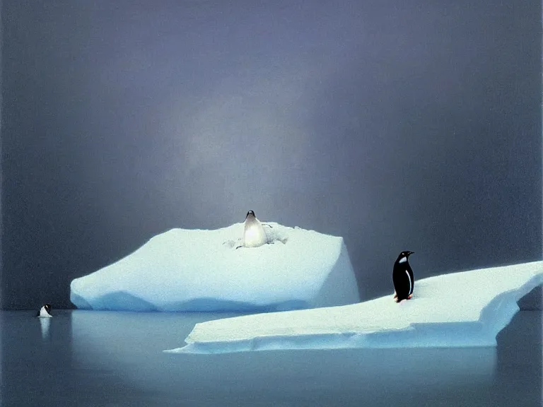 Prompt: an oil painting of a penguin playing in pure white snow on an iceberg in a serene ocean at dusk. aurora. by beksinski tuomas korpi moebius and carl spitzweg. baroque elements. intricate artwork by caravaggio. oil painting. oil on canvas. award winning. dramatic. trending on artstation. 8 k