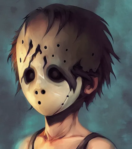 Prompt: beautiful little boy anime character inspired by jason voorhees, art by rossdraws, wlop, ilya kuvshinov, artgem lau, sakimichan and makoto shinkai, horror cinematic composition, anatomically correct, extremely coherent, realistic, mask, smooth, hd, black hair