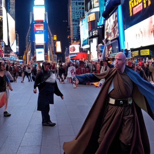 Image similar to a jedi in a battle with voldemort among the people in times square