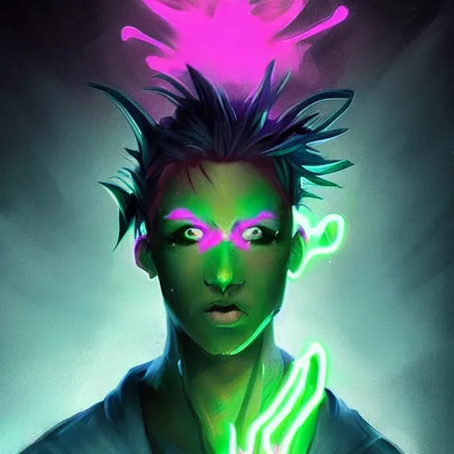 Image similar to Young Danny phantom, transluscent and ghostly, with glowing green eyes and sharp teeth fangs alt art fashion punk, art by WLOP and Charlie Bowater and WLOP and Mark Arian and Ross Tran + neon colors, symmetry,A digital matte intricate illustration concept art , intricate complexity, highly coherent, epic composition, magical atmosphere, highly super detailed, cinematic lighting + masterpiece, trending on artstation + 8k