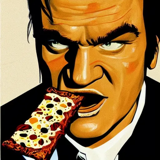 Image similar to pulp portrait colorful of quentin tarantino eating a slice of pizza, illustration, artstation