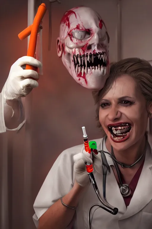 Image similar to manic grinning demon nurse holding syringe in spooky hospital room, character concept art, 8 k, photorealistic, highly detailed, weta digital