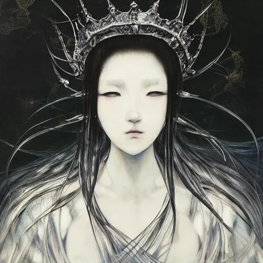 Image similar to yoshitaka amano blurred and dreamy artwork of a manga girl with black eyes, wavy white hair fluttering in the wind wearing elden ring armor and crown with engraving, highly detailed face, abstract black and white patterns on the background, noisy film grain effect, highly detailed, renaissance oil painting, weird portrait angle, blurred lost edges, three quarter view