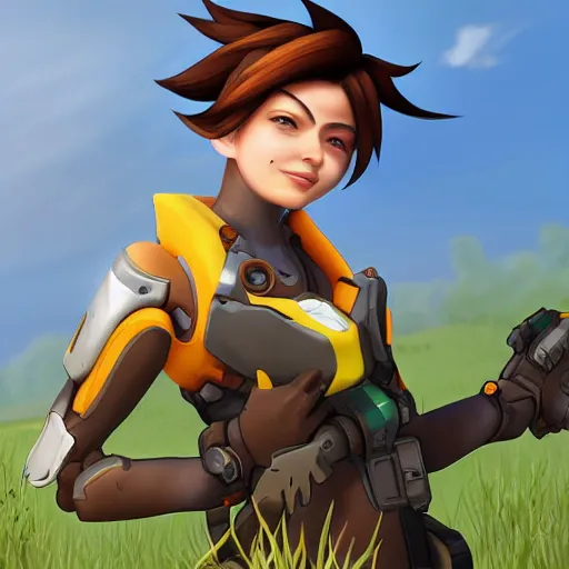Prompt: digital artwork of tracer from the game overwatch, standing in grassy field, smiling while the sun shines down,