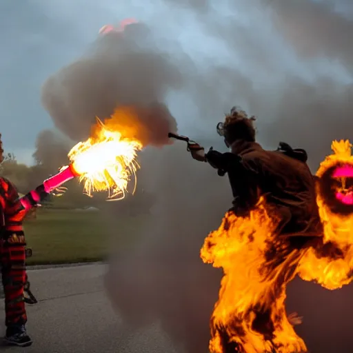 Image similar to photo of a clown using a flamethrower projecting a long flame