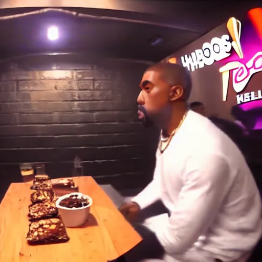 Image similar to blurry, gopro footage of kanye west eating at taco bell, cinematic, volumetric lighting, night, rain