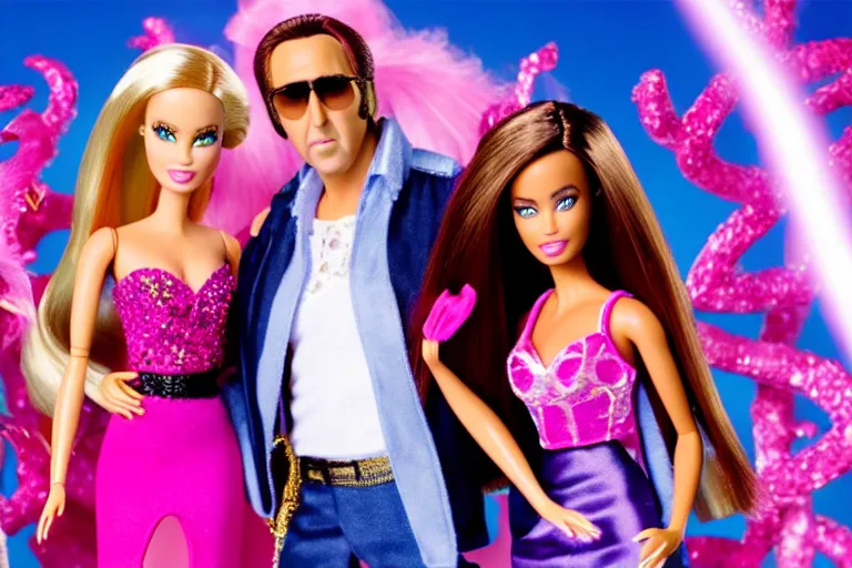 Image similar to Nicolas cage party barbie high resolution still film