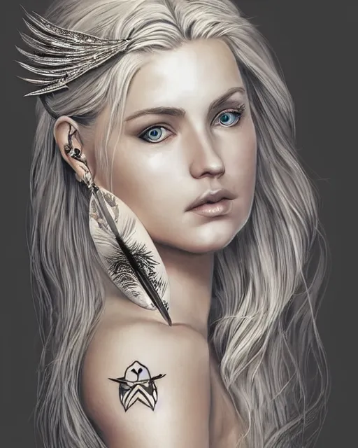 Image similar to tattoo sketch of beautiful greek goddess aphrodite with arrowhead earrings and beautiful feather jewelry, beautiful piercing eyes, beautiful blonde hair, hyper realistic face, in the style of greg rutkowski, fantasy, amazing detail, epic, elegant, smooth, sharp focus, from the front