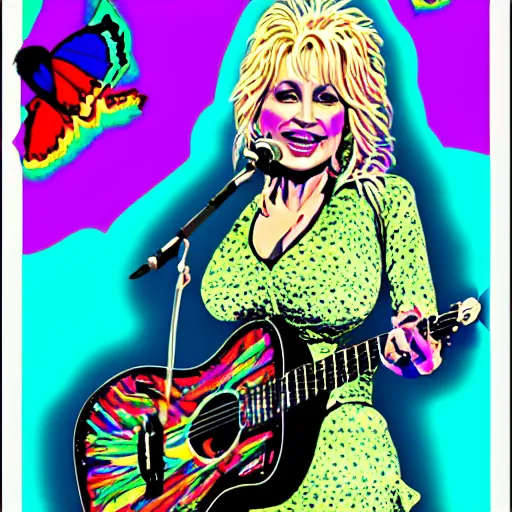 Prompt: young Dolly Parton portrait, posterized, psychedelic