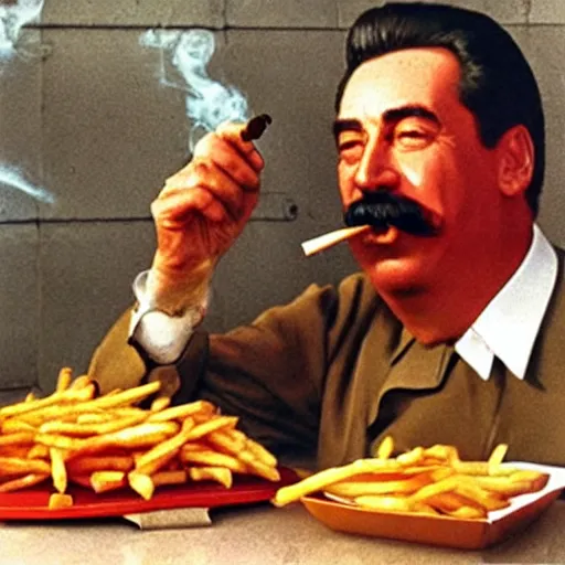 Image similar to stalin eats french fries with ketchup while smoking cigar