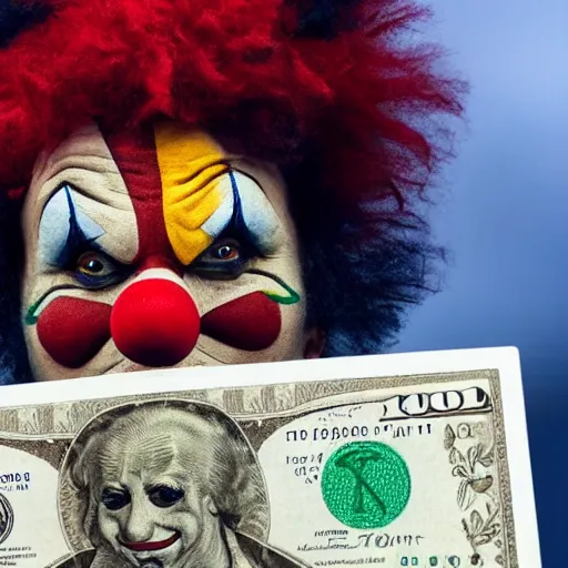 Image similar to A clown holding a dollar banknote, background is a slum, artstation, cgsociety, masterpiece, highly-detailed, inspiring, cinematic, epic