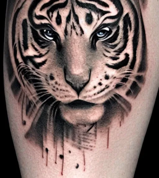 Image similar to tattoo design of a beautiful girl warrior under a tiger head, hyper realistic, realism tattoo, by eliot kohek, beautiful eyes, realistic face, black and white, white background