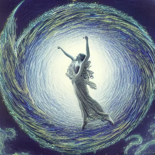 Prompt: spiral vortex of angels. the empyrean by gustave dore, moonlight, swirling clouds, winged beings, retro anime ballerina, religious art, divine, holy, glowing, intricate painting by max ernst, claude monet, pastel colours, awe, 8 k, detailed, beautiful