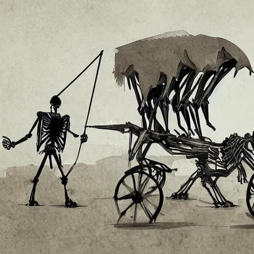 Prompt: The drawing features a human figure driving a chariot. The figure is skeletal and frail, with a large head and eyes. The chariot is pulled by two animals, which are also skeletal and frail. in the Central African Republic by Atey Ghailan unified