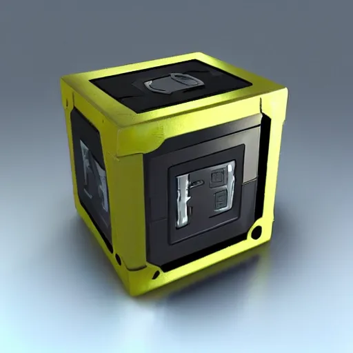 Prompt: small electronic futuristic movie prop, cube, box, power