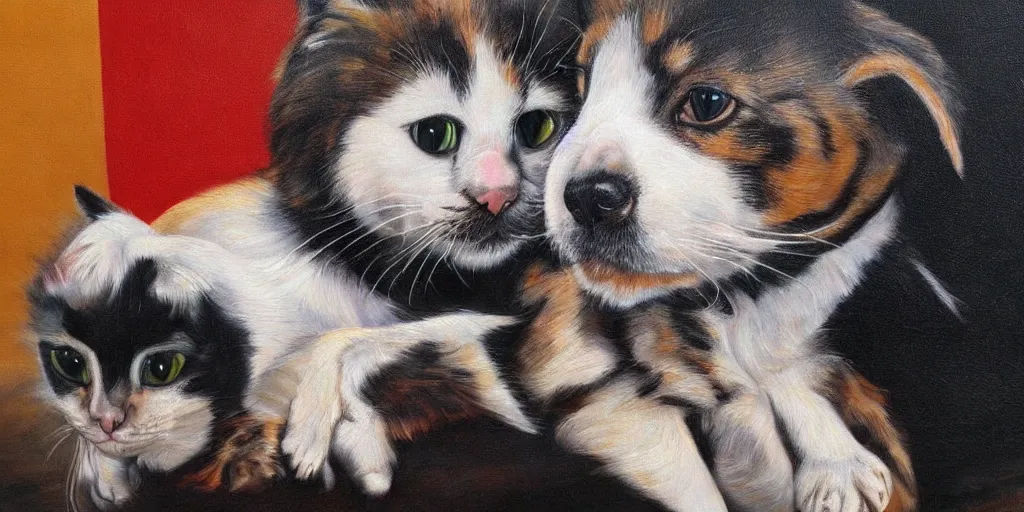 Image similar to detailed painting of cats and dogs in love