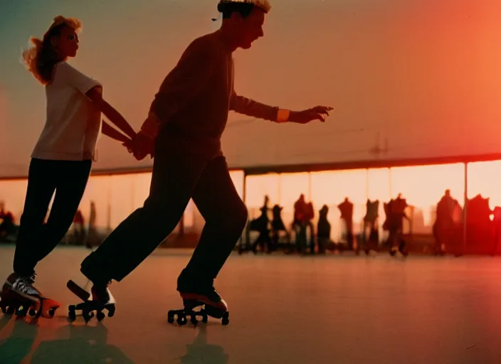 Image similar to a 35mm photograph of a man and a woman roller skating at a roller rink in the 1950's at sunset, bokeh, Canon 50mm, cinematic lighting, photography, retro, film, Kodachrome, award-winning, rule of thirds, golden hour