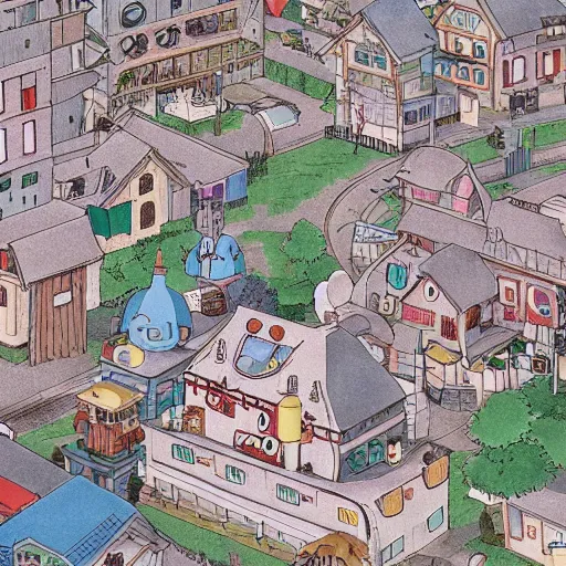 Image similar to a town designed by hayao miyazaki, studio ghibli