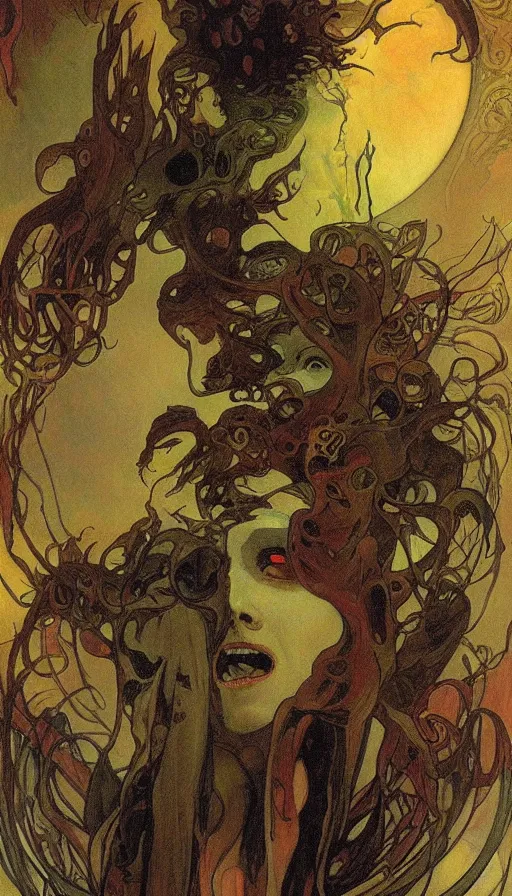 Image similar to a storm vortex made of many demonic eyes and teeth, by alfons maria mucha