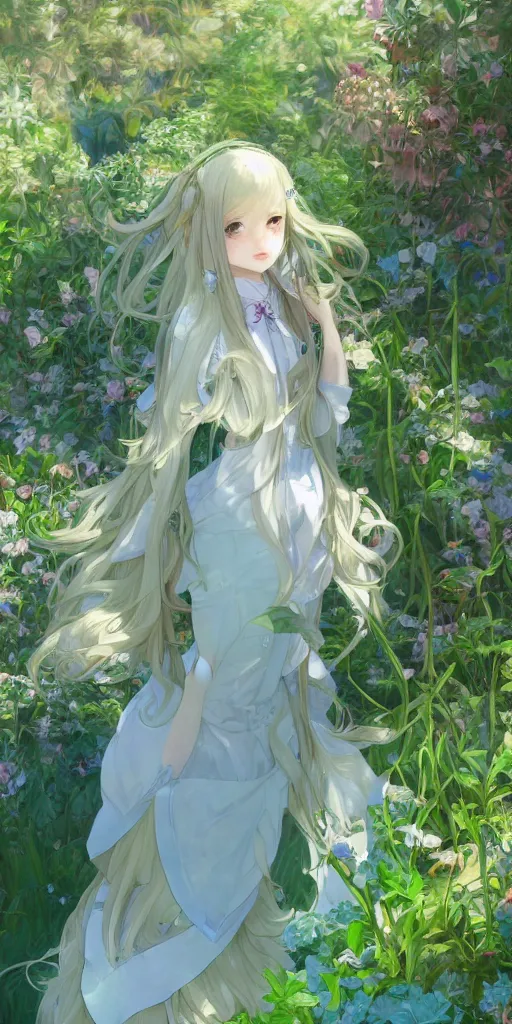 Image similar to a digital art of loli with long hair in a dress in the privet garden at after noon, green and warm theme, blue accents, low angle, back lighting, highly detailed, 4 k resolution, trending on art station, by krenz cushart and mucha and akihito yoshida and greg rutkowski and