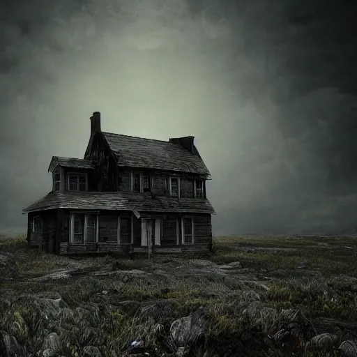 Prompt: old house at the edge of the world, hyperdetailed, photorealistic, moody, surreal, creepy, atmospheric, lsd