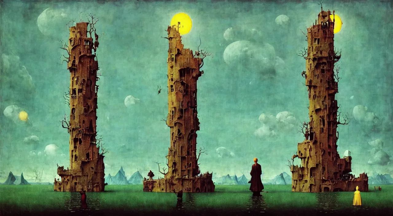 Image similar to single flooded simple!! statue tower, very coherent and colorful high contrast masterpiece by norman rockwell franz sedlacek hieronymus bosch dean ellis simon stalenhag rene magritte gediminas pranckevicius, dark shadows, sunny day, hard lighting